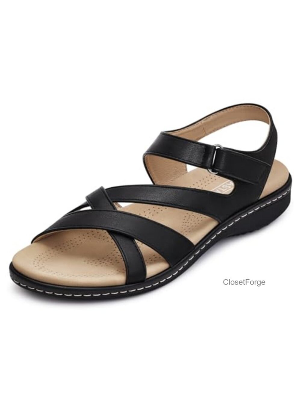 Women's Strappy Flat Sandals with Arch Support, Faux Leather, Adjustable Ankle
